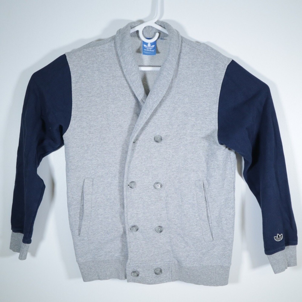 Adidas Mens Button Up Medium Sweatshirt Trefoil M Gray Navy Blue